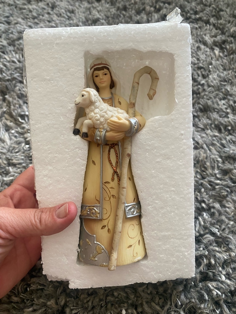 Cream and Silver Shepherd Figurine Holding Lamb